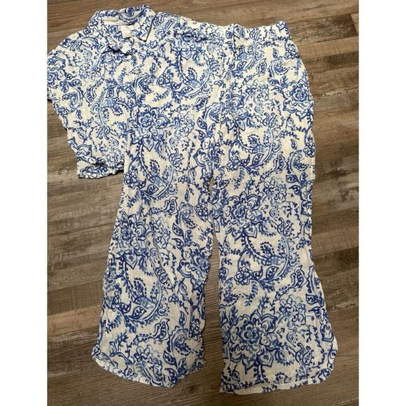 Caroline Constas Set Button Shirt & Slit Leg Pants Blue Floral Size Small - Picture 3 of 11